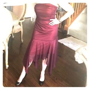 Strapless burgundy hanker-chief party dress evening midi uneven length vintage